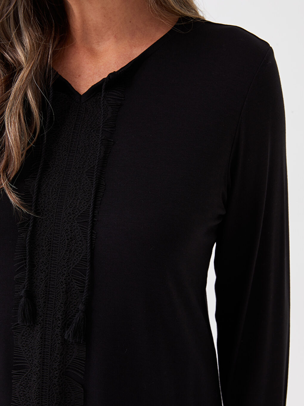 Tie Neck Embroidered Long Sleeve Women's Blouse-3