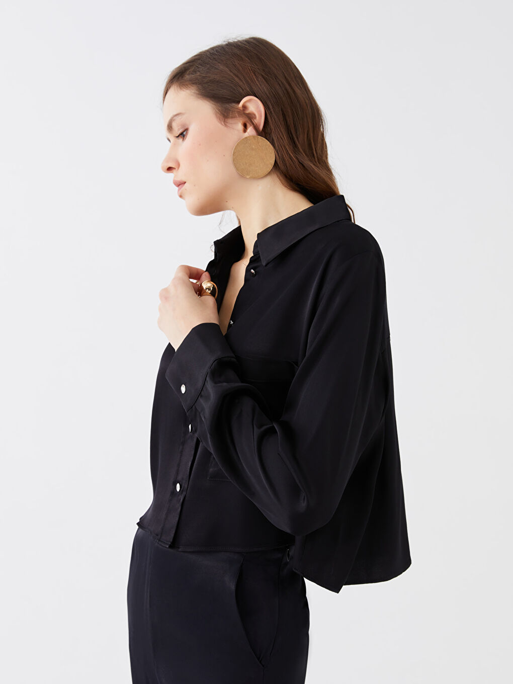 Cămașă Satinată Simplă cu Mânecă Lungă pentru Femei