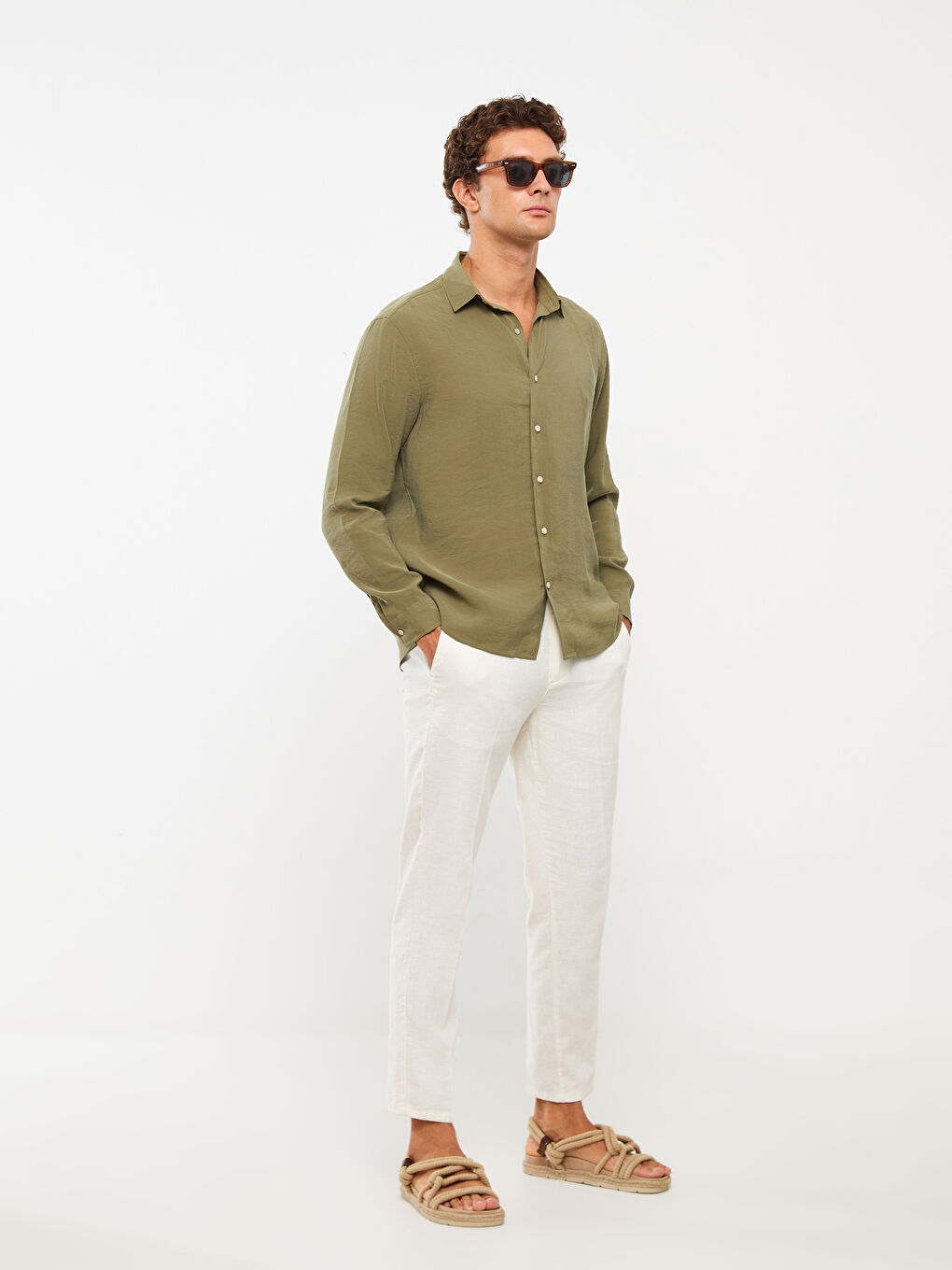 Bej Slim Fit Keten Karışımlı Erkek Pantolon