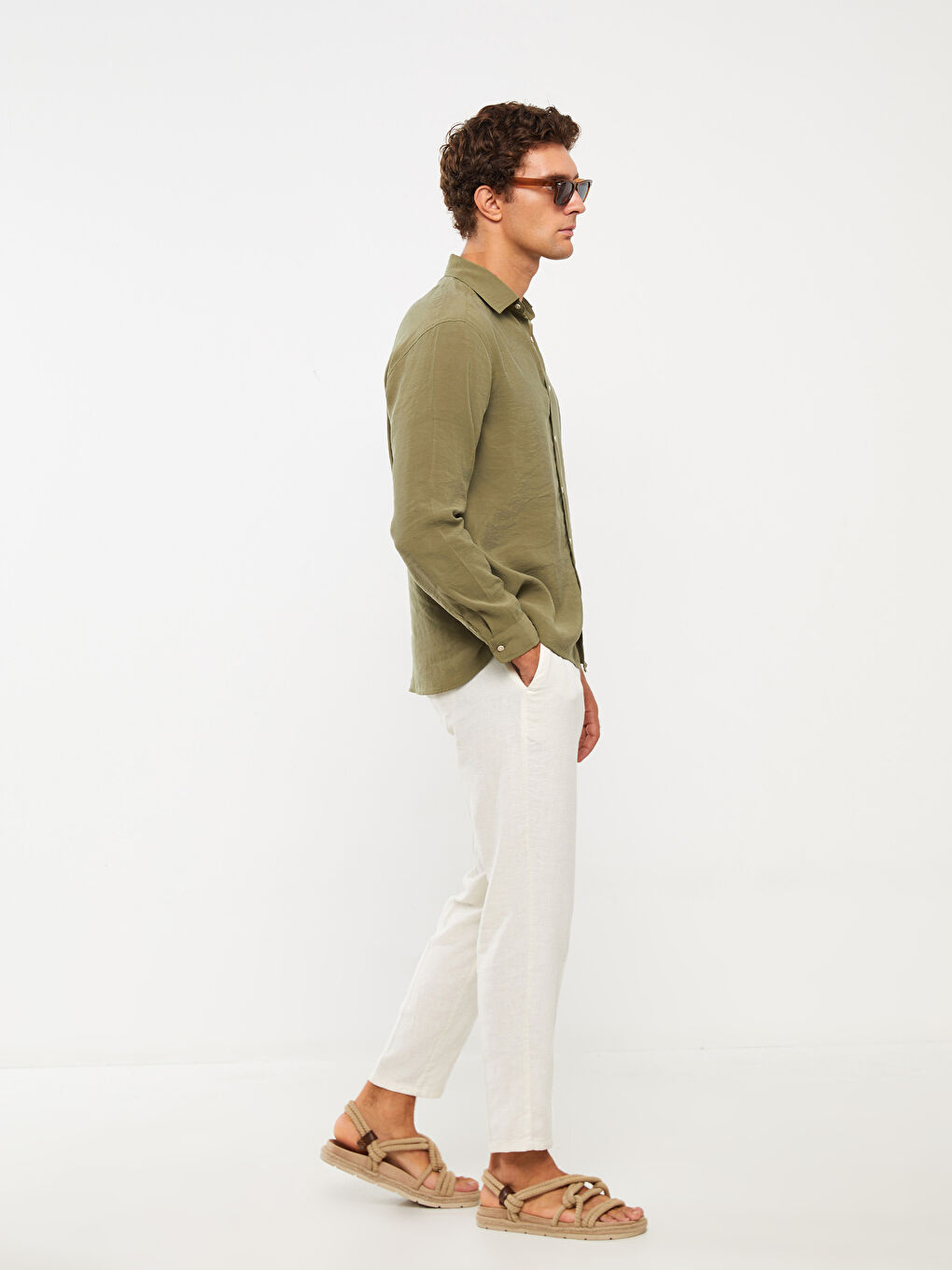 Bej Slim Fit Keten Karışımlı Erkek Pantolon-1