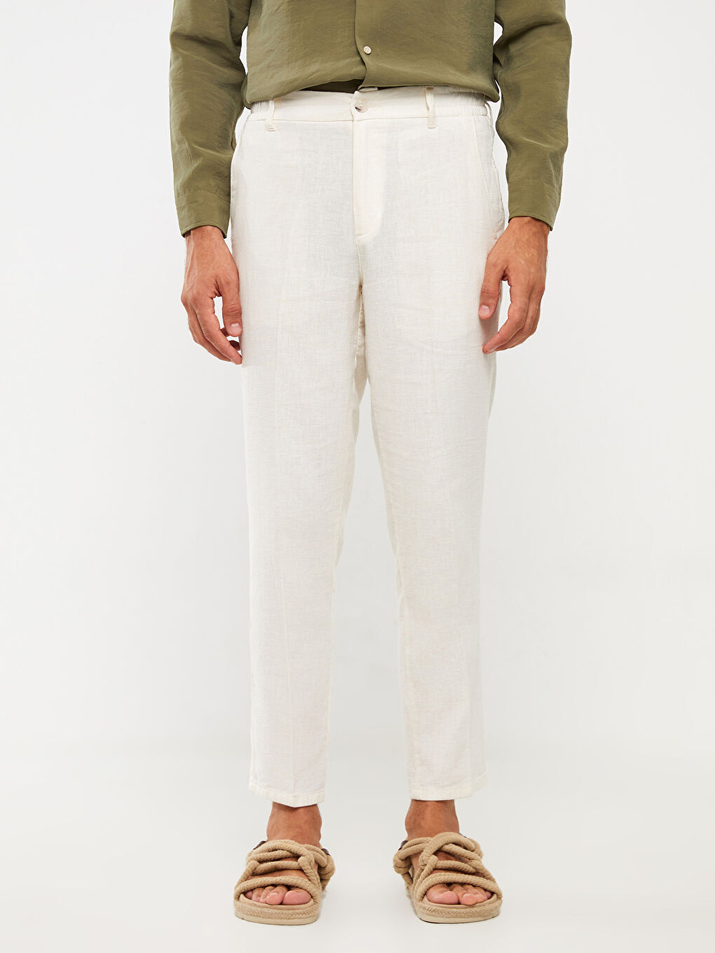 Bej Slim Fit Keten Karışımlı Erkek Pantolon-3