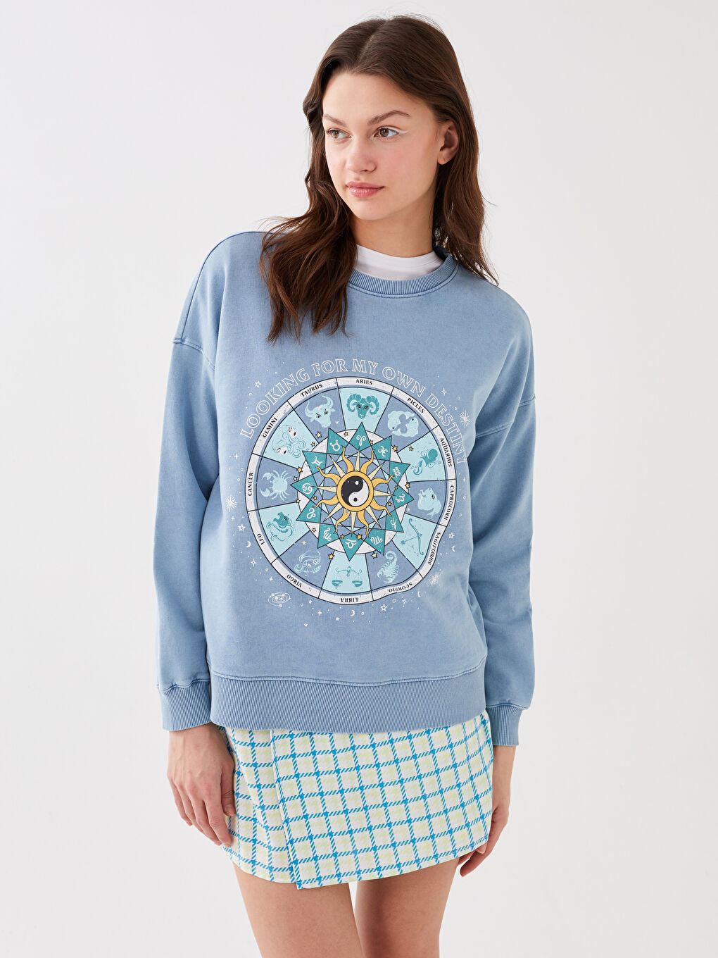 LCW Vision Crew Neck Printed Long Sleeve Oversize Women's