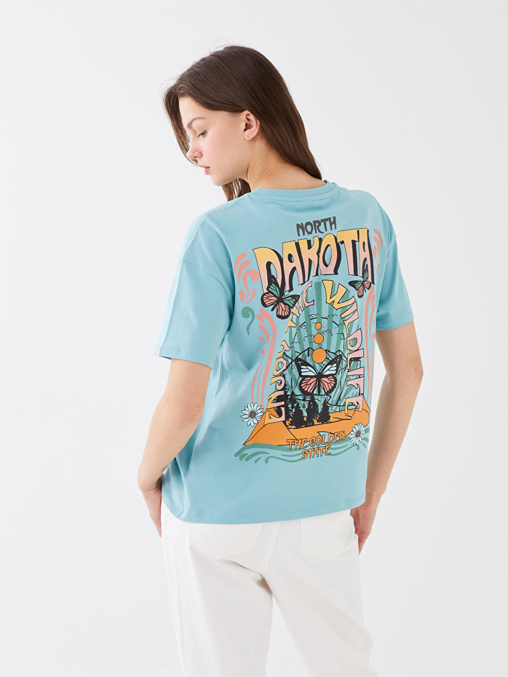 Turkuaz Kadın Bisiklet Yaka Baskılı Kısa Kollu Tişört