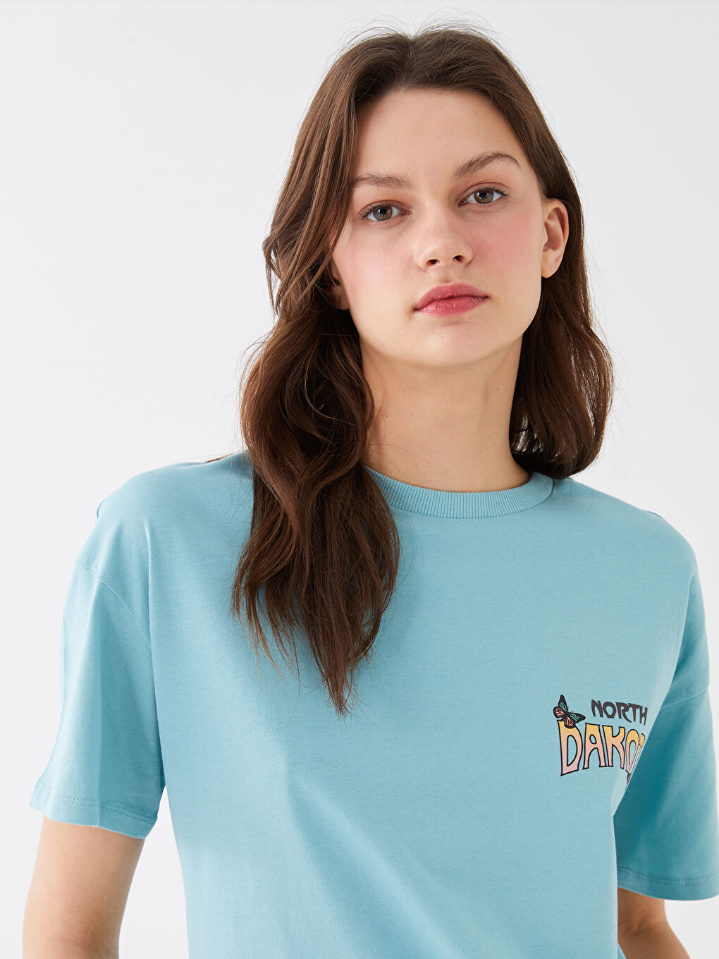 Turkuaz Kadın Bisiklet Yaka Baskılı Kısa Kollu Tişört-1