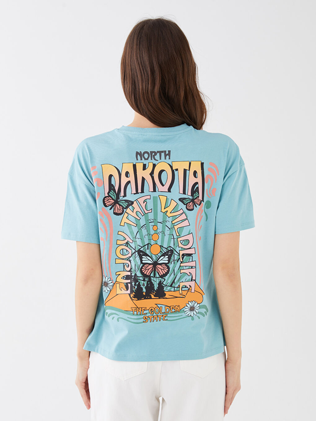 Turkuaz Kadın Bisiklet Yaka Baskılı Kısa Kollu Tişört-3