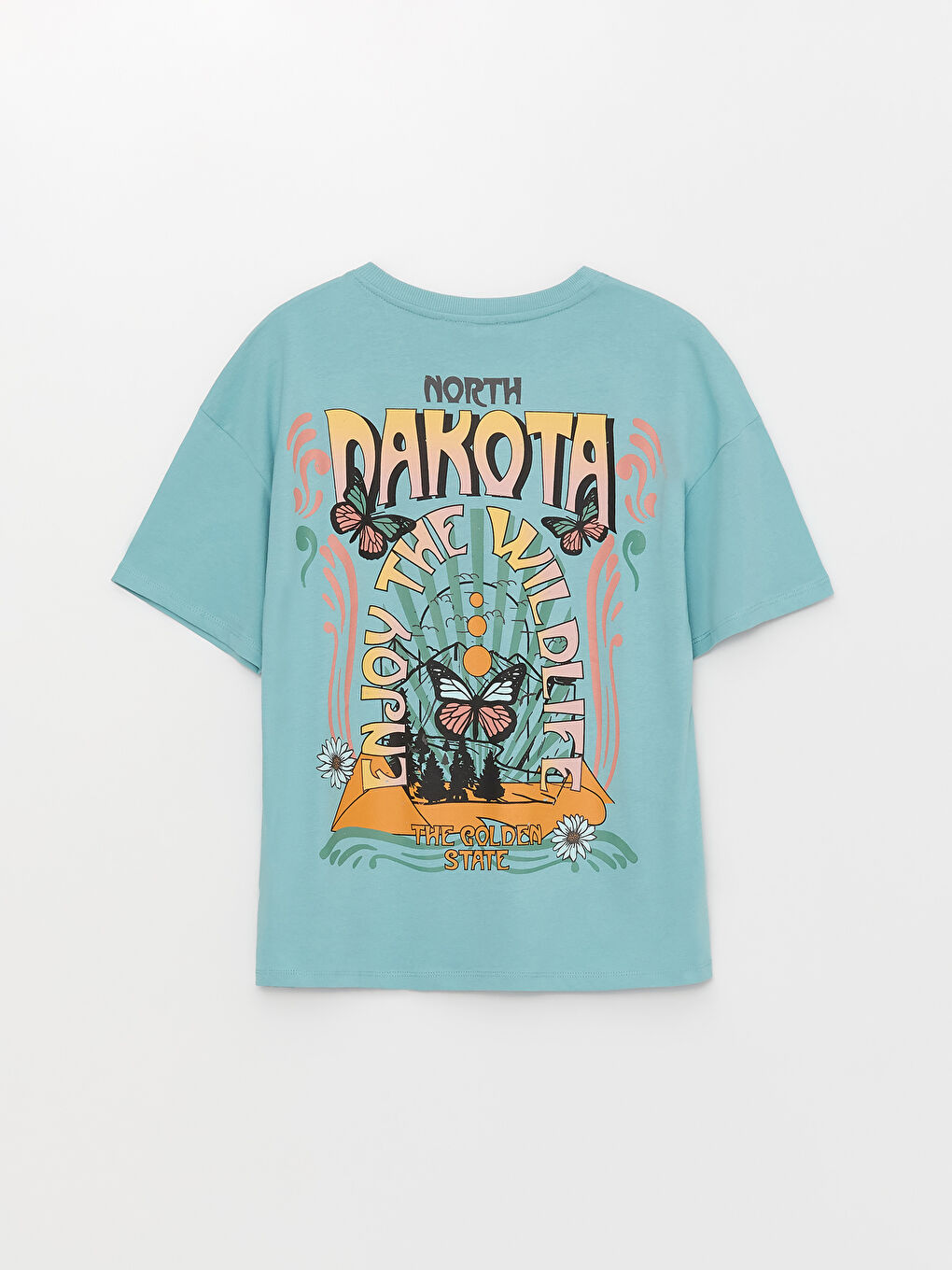 Turkuaz Kadın Bisiklet Yaka Baskılı Kısa Kollu Tişört-5