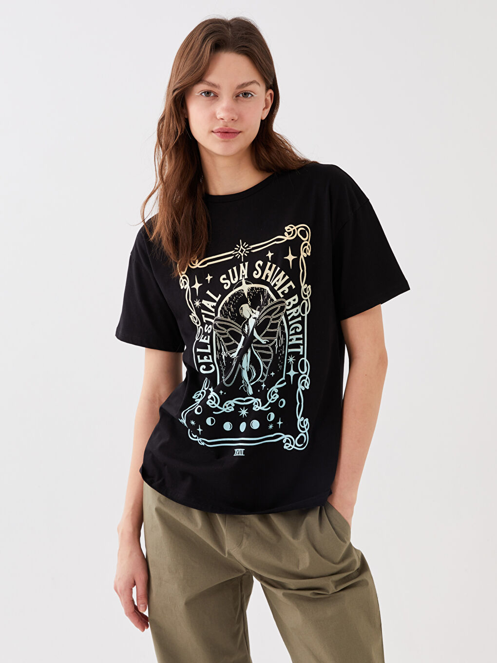 Siyah Kadın Bisiklet Yaka Baskılı Kısa Kollu Tişört