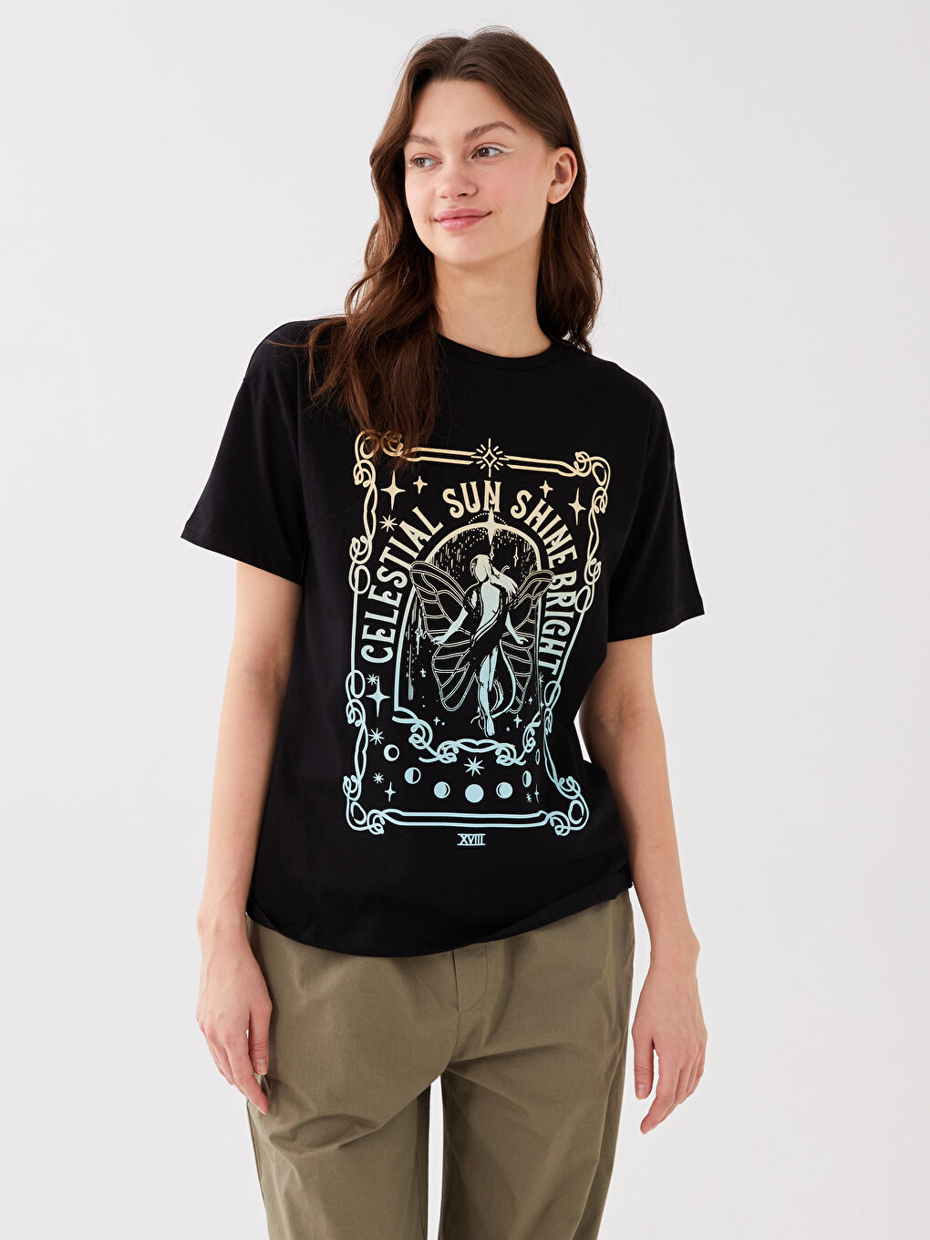 Siyah Kadın Bisiklet Yaka Baskılı Kısa Kollu Tişört-2