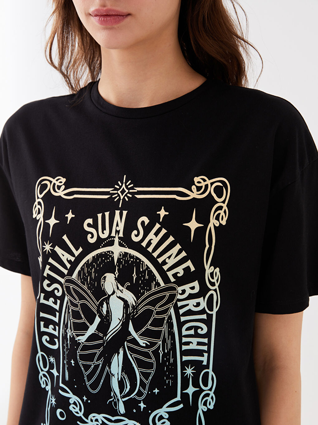 Siyah Kadın Bisiklet Yaka Baskılı Kısa Kollu Tişört-3