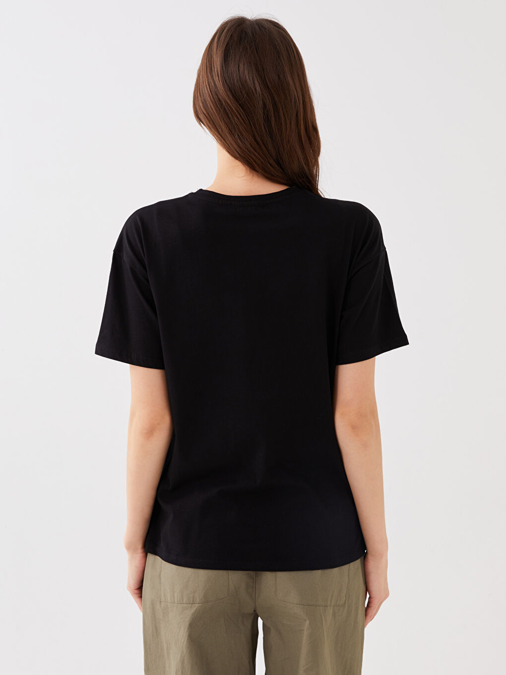 Siyah Kadın Bisiklet Yaka Baskılı Kısa Kollu Tişört-4