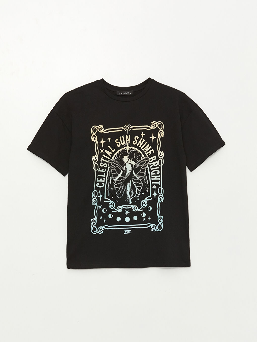 Siyah Kadın Bisiklet Yaka Baskılı Kısa Kollu Tişört-5