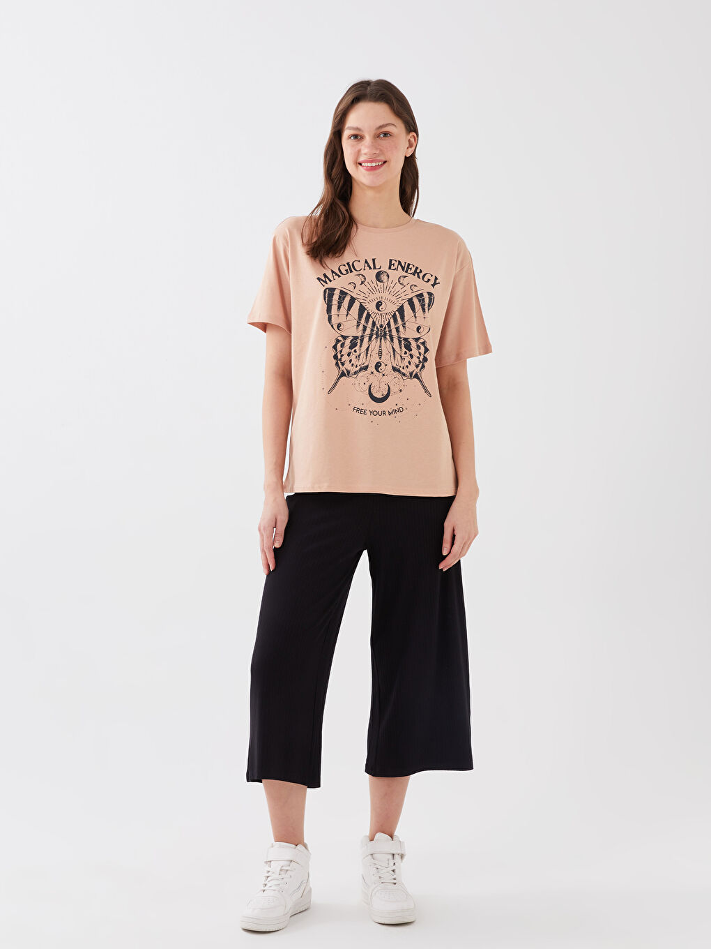 Kahverengi Kadın Bisiklet Yaka Baskılı Tişört-2