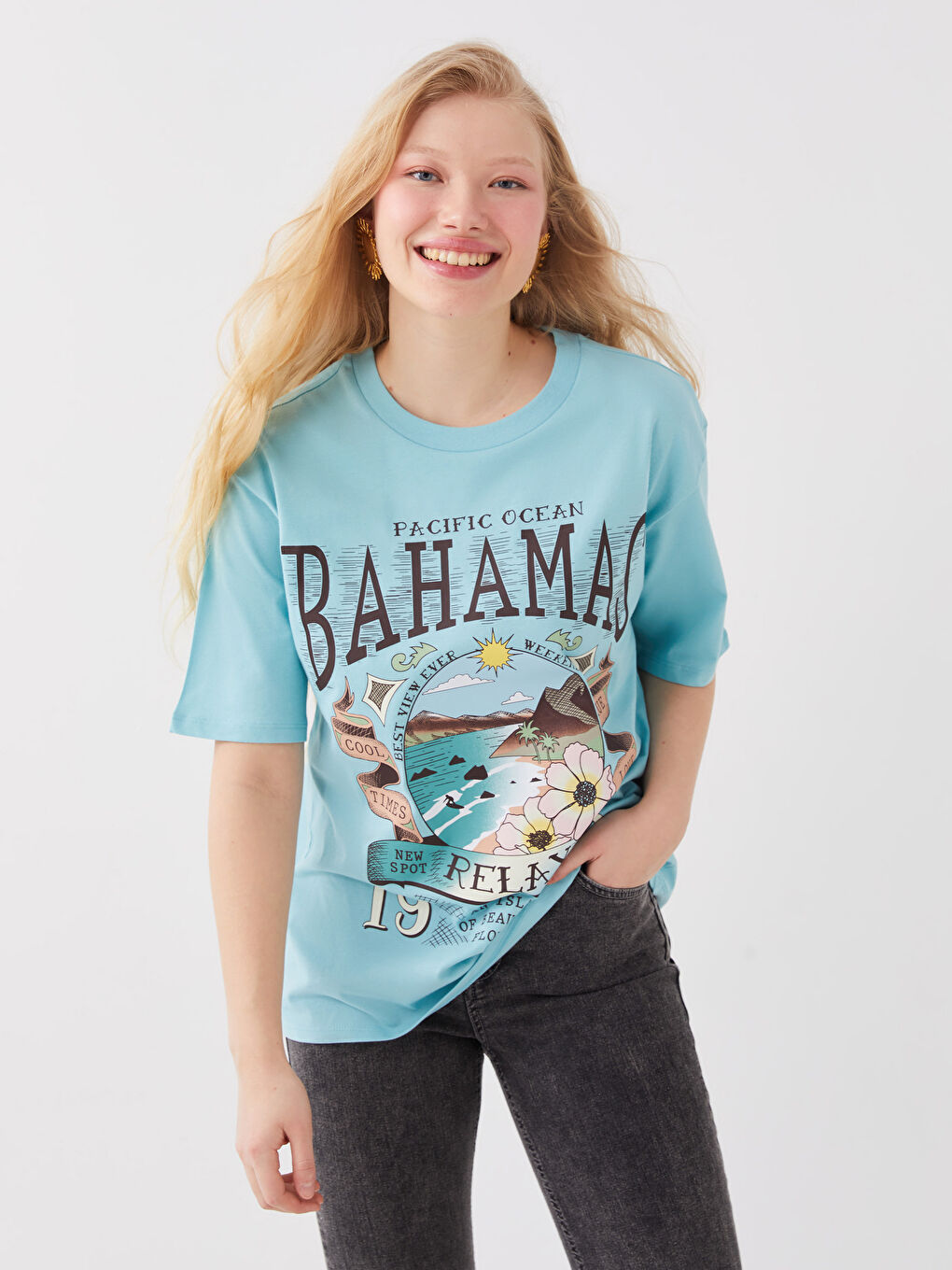 Crew Neck Printed Short Sleeve Oversize Women's T-Shirt