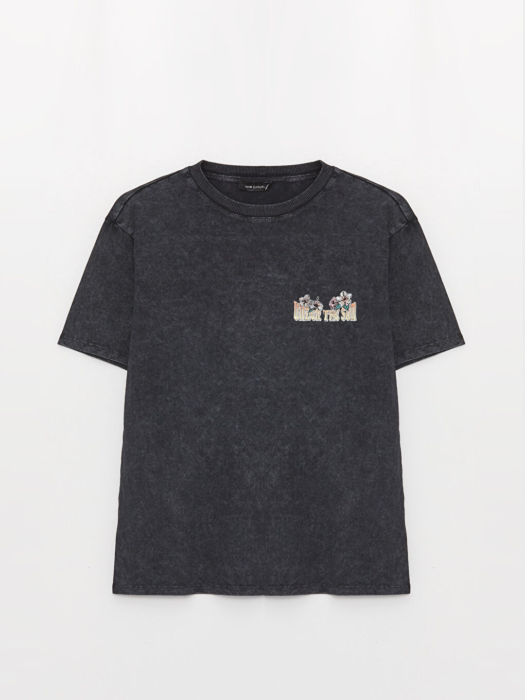 Antrasit Bisiklet Yaka Baskılı Kısa Kollu Oversize Kadın Tişört-6