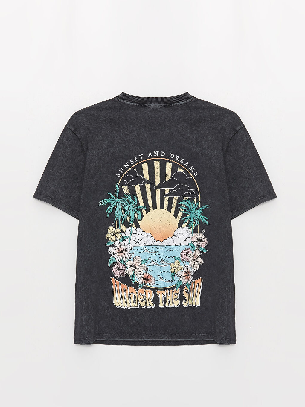 Antrasit Bisiklet Yaka Baskılı Kısa Kollu Oversize Kadın Tişört-7