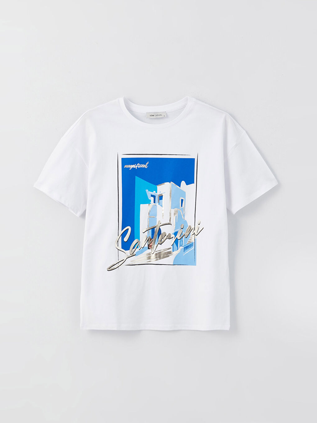 Beyaz Bisiklet Yaka Baskılı Kısa Kollu Kadın Tişört-5