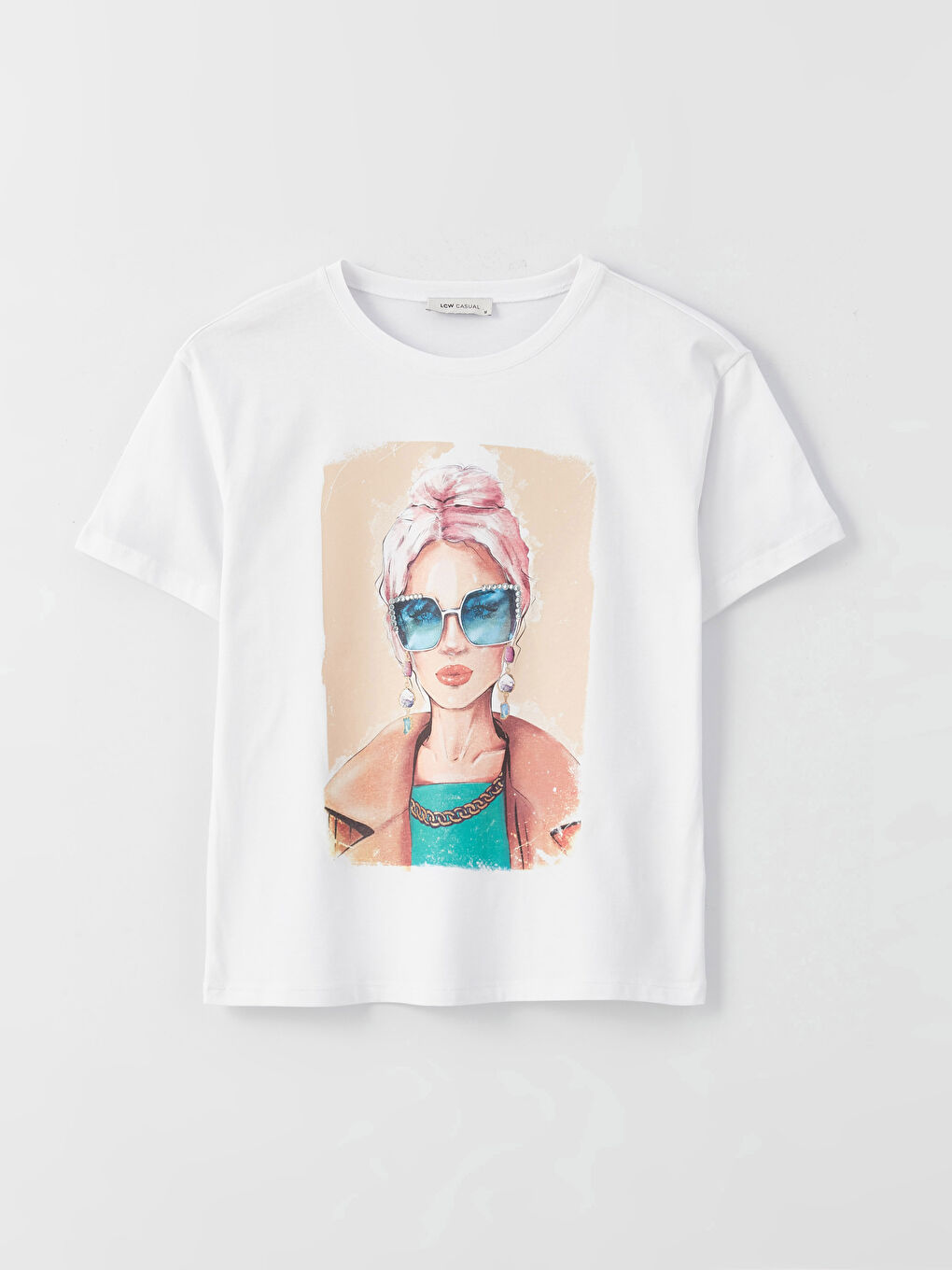 Beyaz Bisiklet Yaka Baskılı Kısa Kollu Kadın Tişört-5