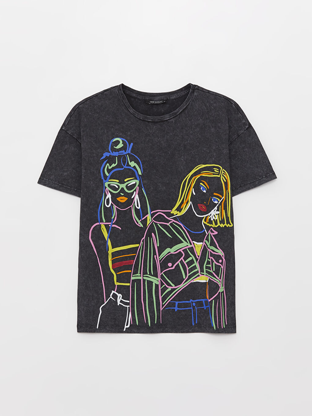 Antrasit Bisiklet Yaka Baskılı Kısa Kollu Kadın Tişört-5