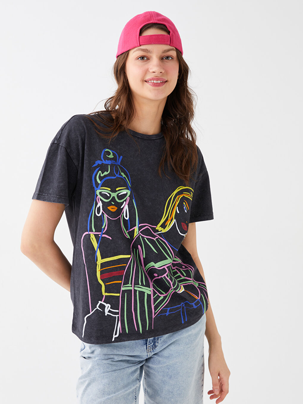 Antrasit Bisiklet Yaka Baskılı Kısa Kollu Kadın Tişört-1