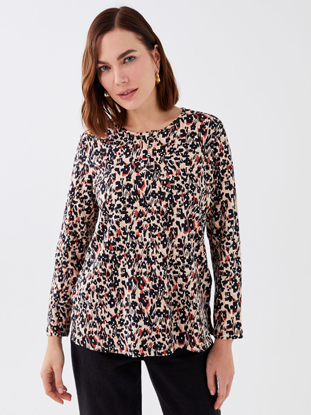 Crew Neck Patterned Long Sleeve Women's T-Shirt