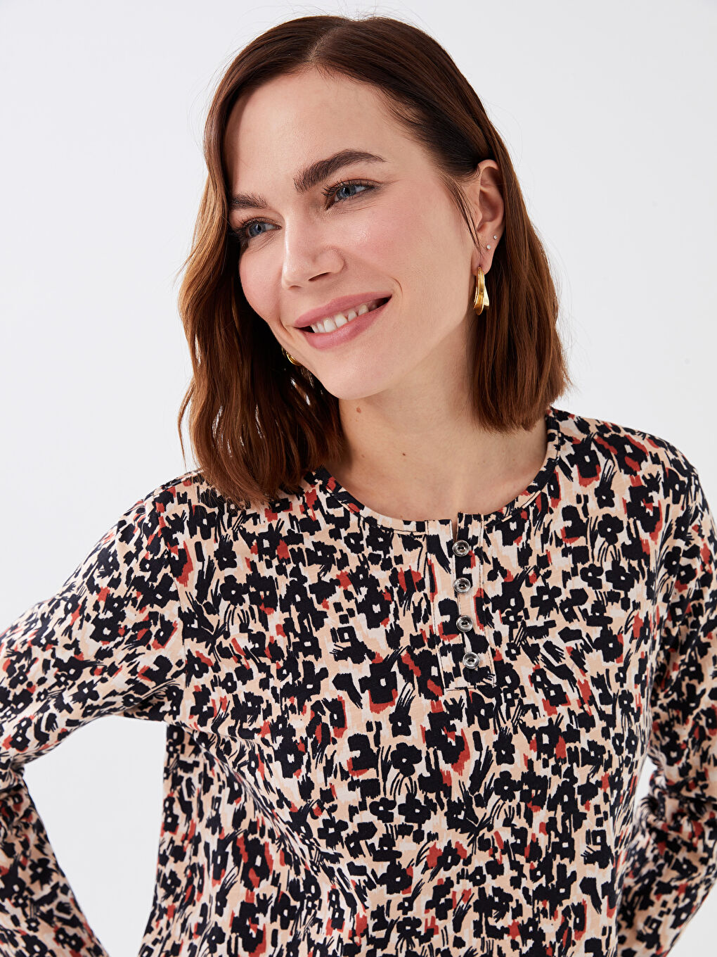 Crew Neck Patterned Long Sleeve Women's T-Shirt-1