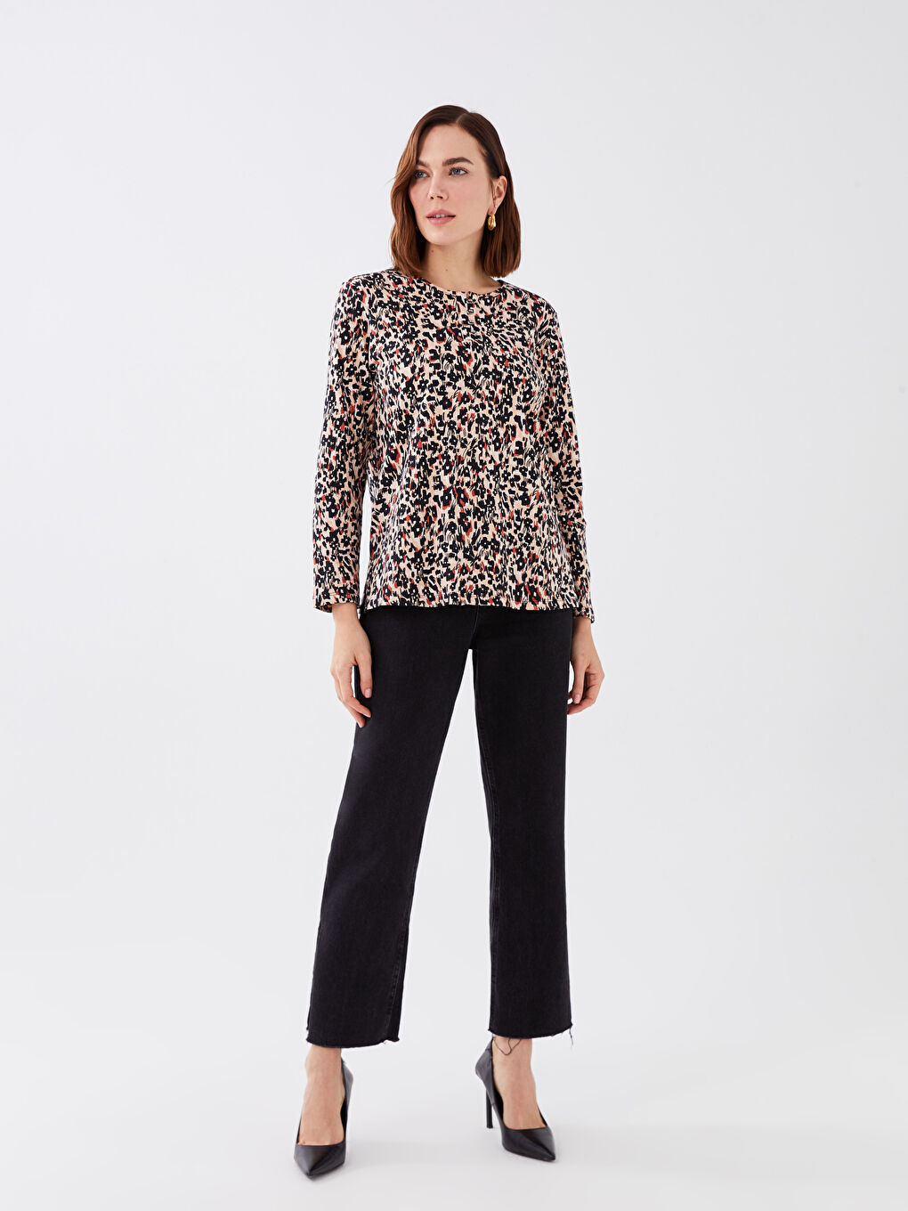 Crew Neck Patterned Long Sleeve Women's T-Shirt-2