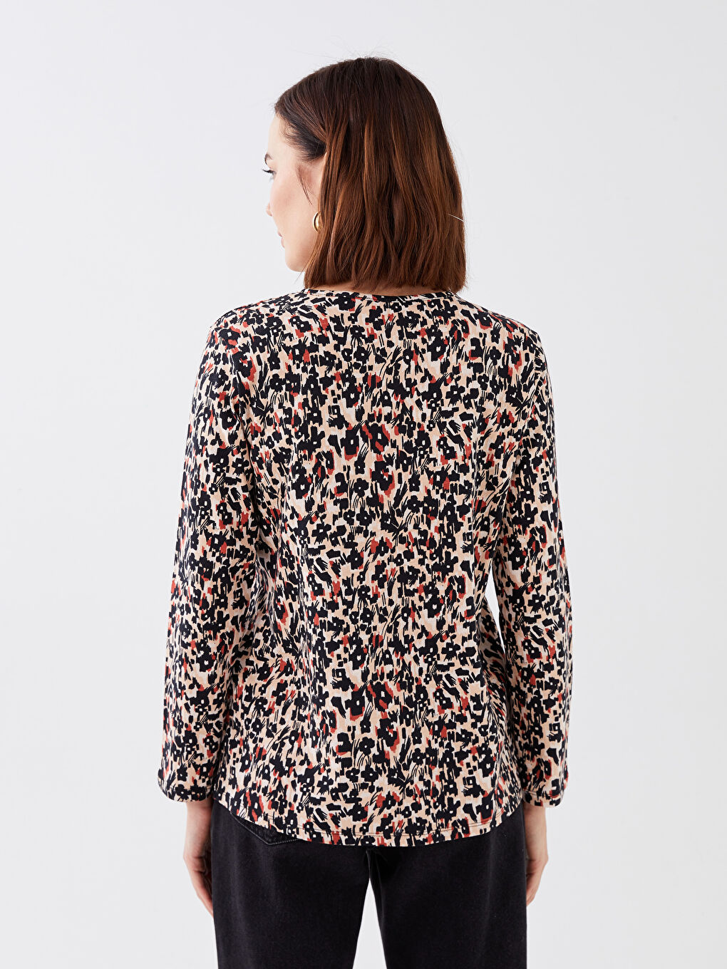 Crew Neck Patterned Long Sleeve Women's T-Shirt-4