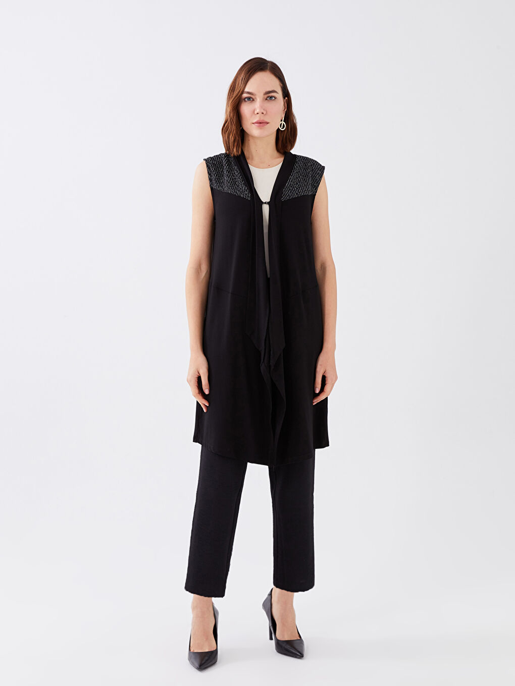 Vestă Pentru Femei Cu Guler Șal și Imprimeu-2