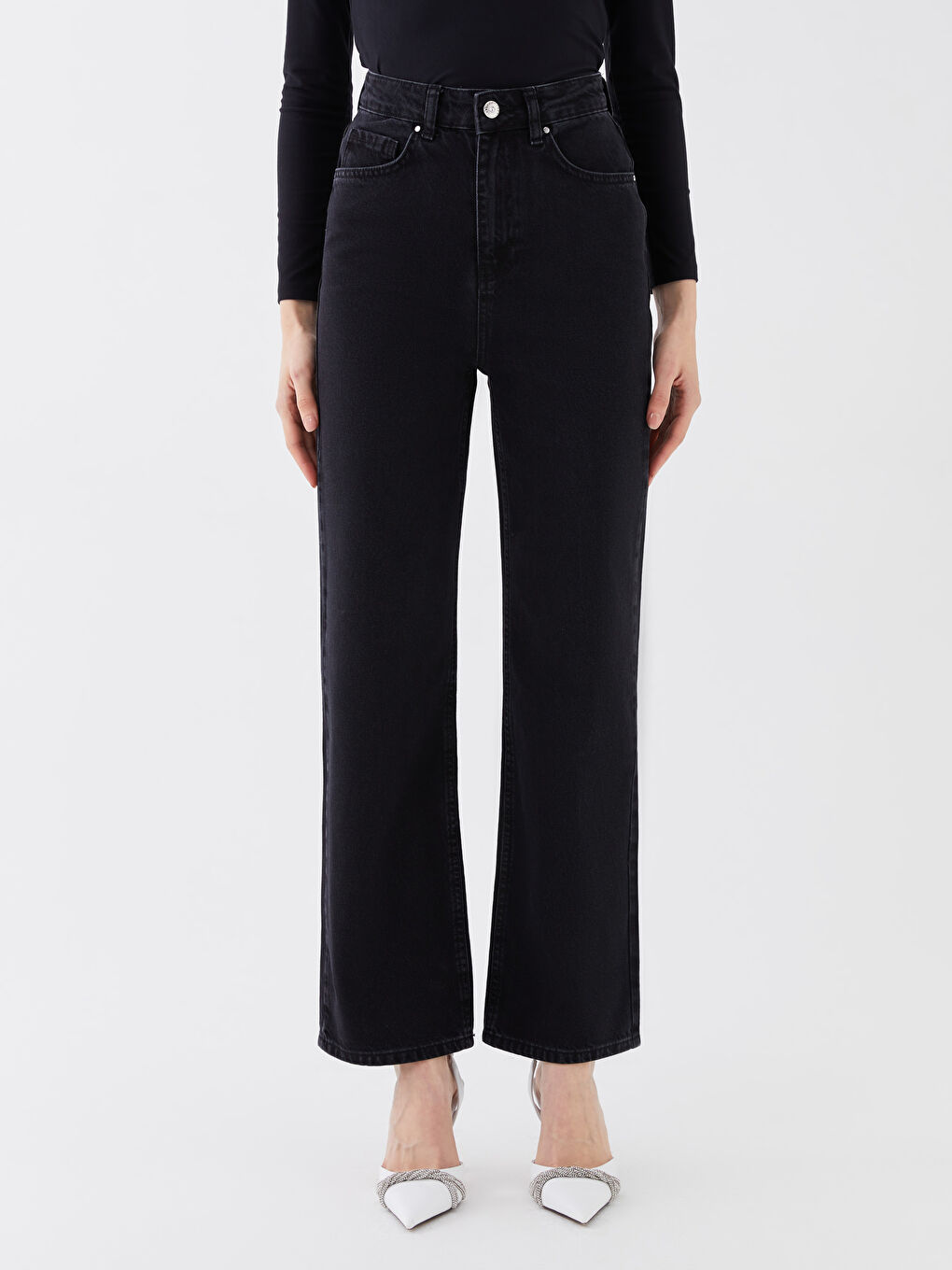 Blugi cu Talie Înaltă și Croială Dreaptă pentru Femei-3