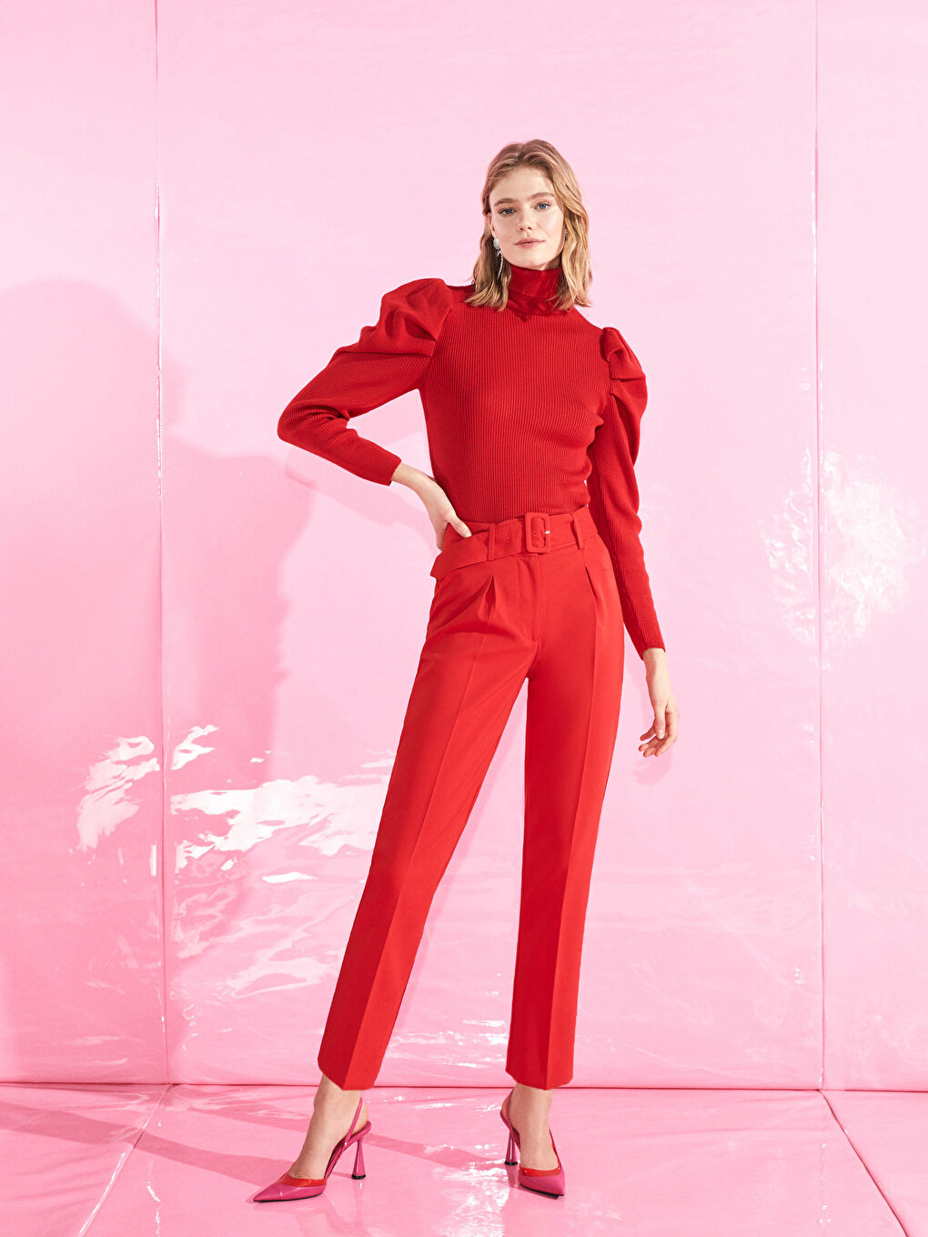 Kırmızı Yüksek Bel Slim Fit Kadın Pantolon