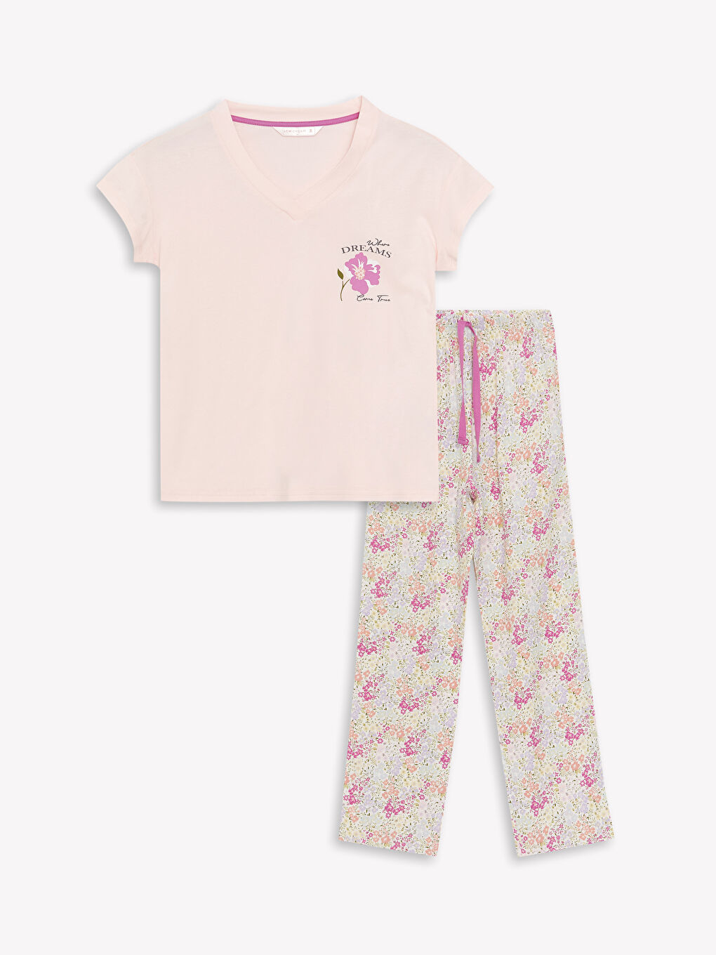 Ekru V Yaka Baskılı Kısa Kollu Kadın Pijama Takımı-4