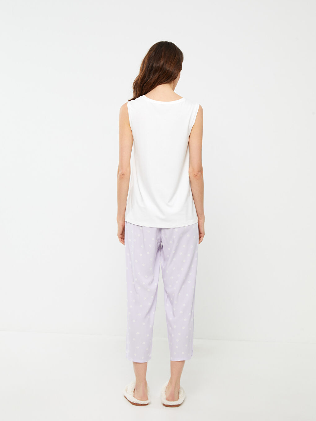 Lila Bisiklet Yaka Desenli Kadın Pijama Takımı-3