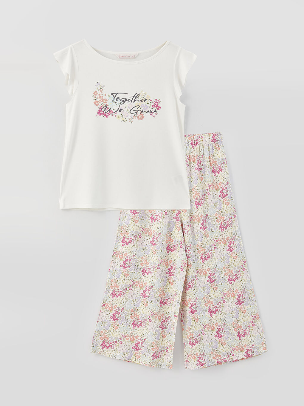 Ekru Bisiklet Yaka Baskılı Kısa Kollu Kadın Kaprili Pijama Takımı-5