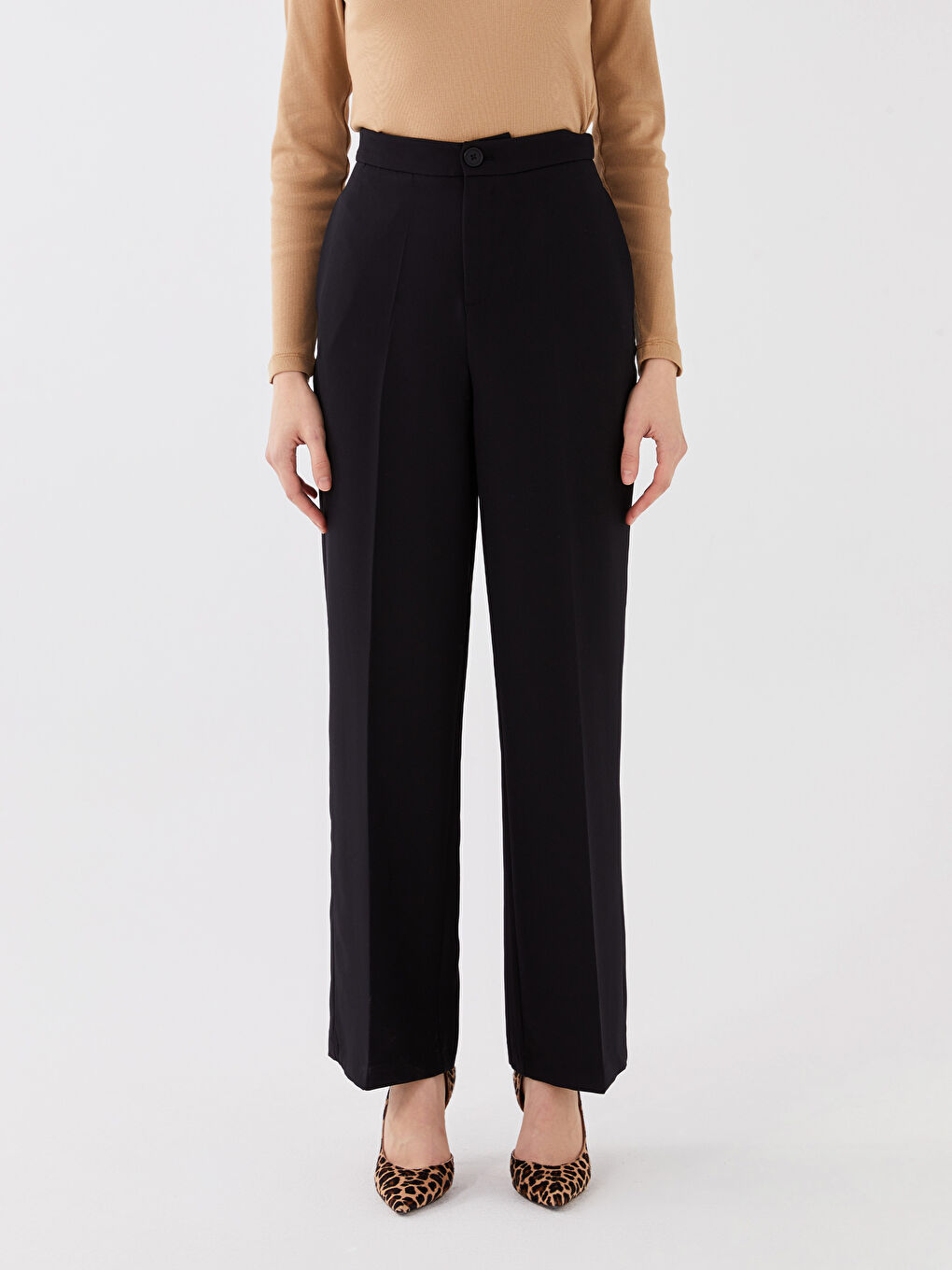 Siyah Kadın Yüksek Bel Standart Fit Düz Pantolon-3