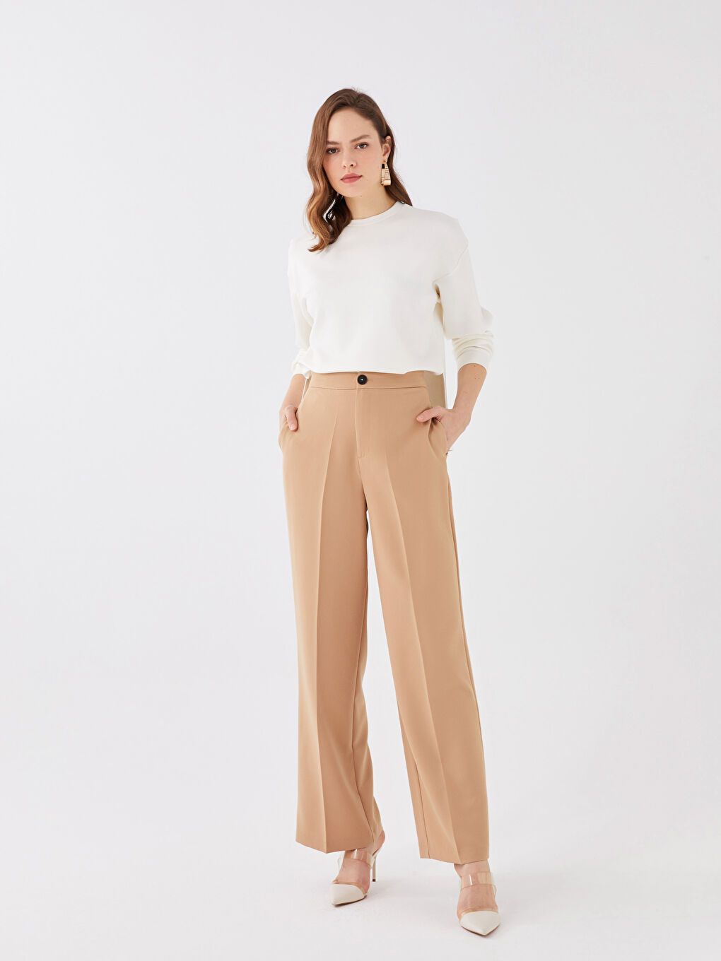 Damen Hoch Tailliert Reguläre Passform Schlichte Hosen-1