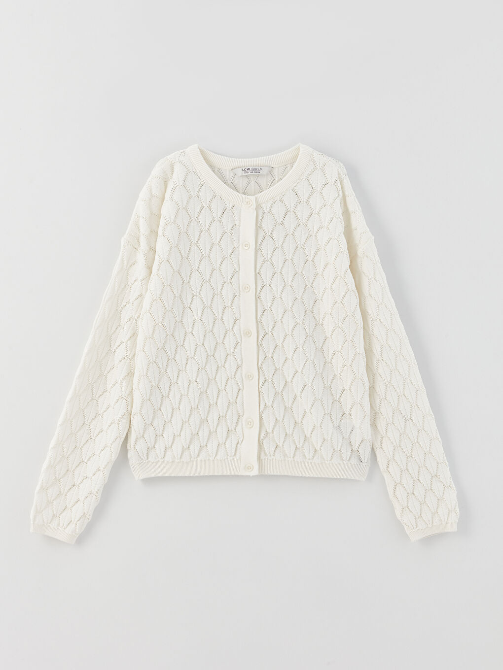 Crew Neck Self Patterned Long Sleeve Girl Tricot Cardigan -S3DC24Z4-LRA