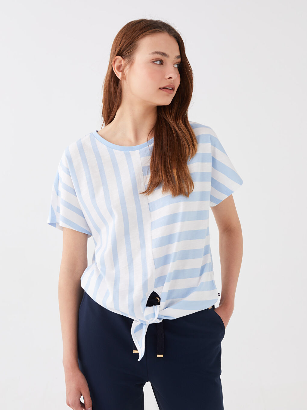 Mavi Kadın Bisiklet Yaka Çizgili Kısa Kollu Tişört