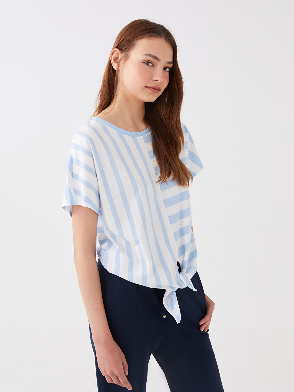 Mavi Kadın Bisiklet Yaka Çizgili Kısa Kollu Tişört-1