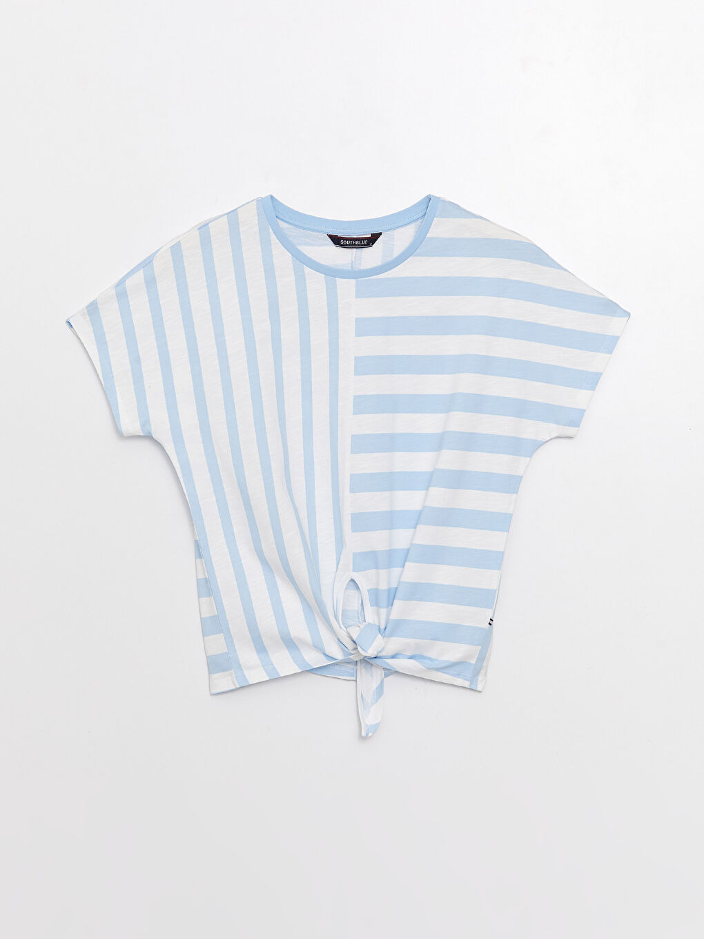 Mavi Kadın Bisiklet Yaka Çizgili Kısa Kollu Tişört-5