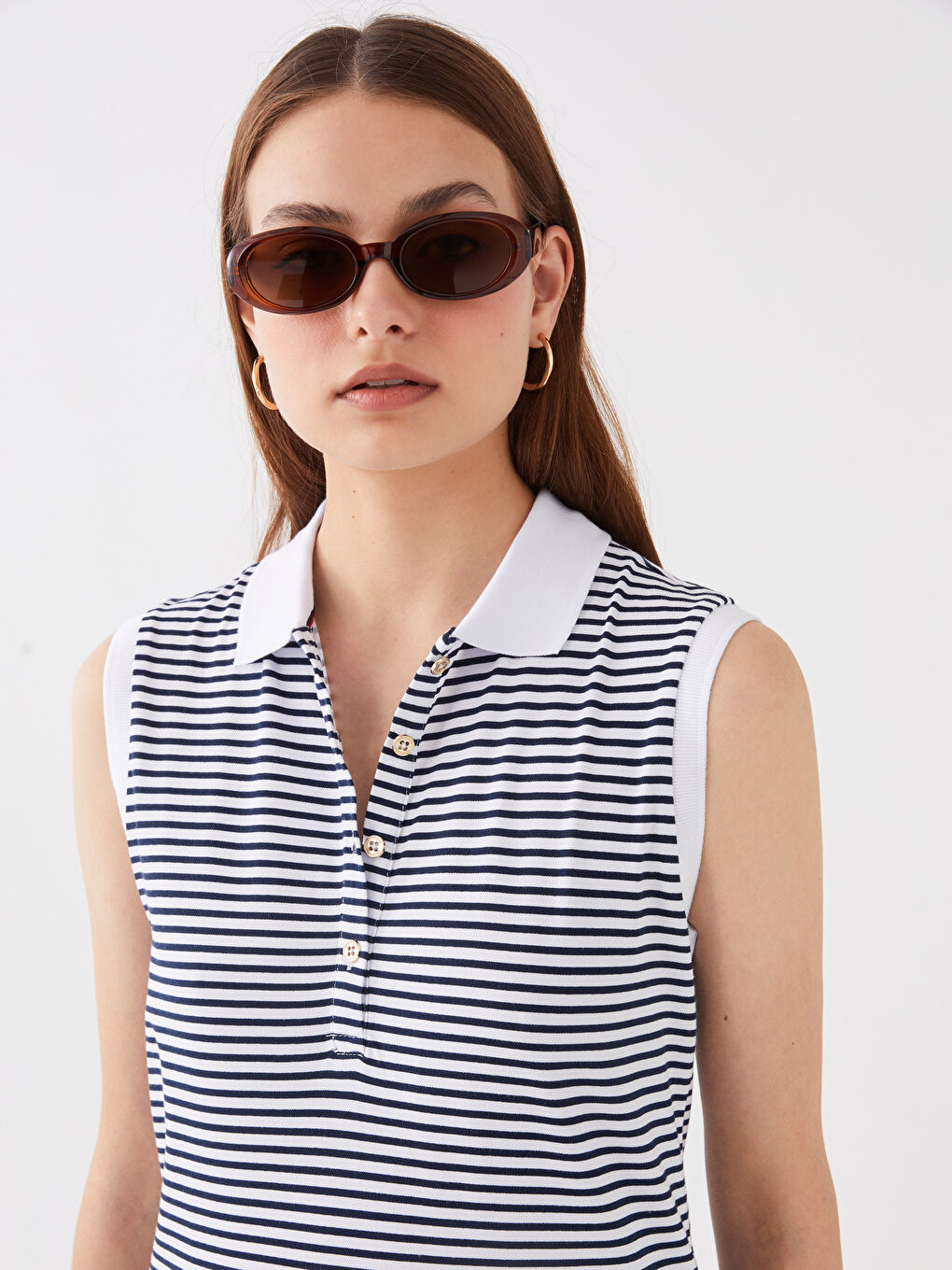 Lacivert Kadın Polo Yaka Çizgili Atlet-1