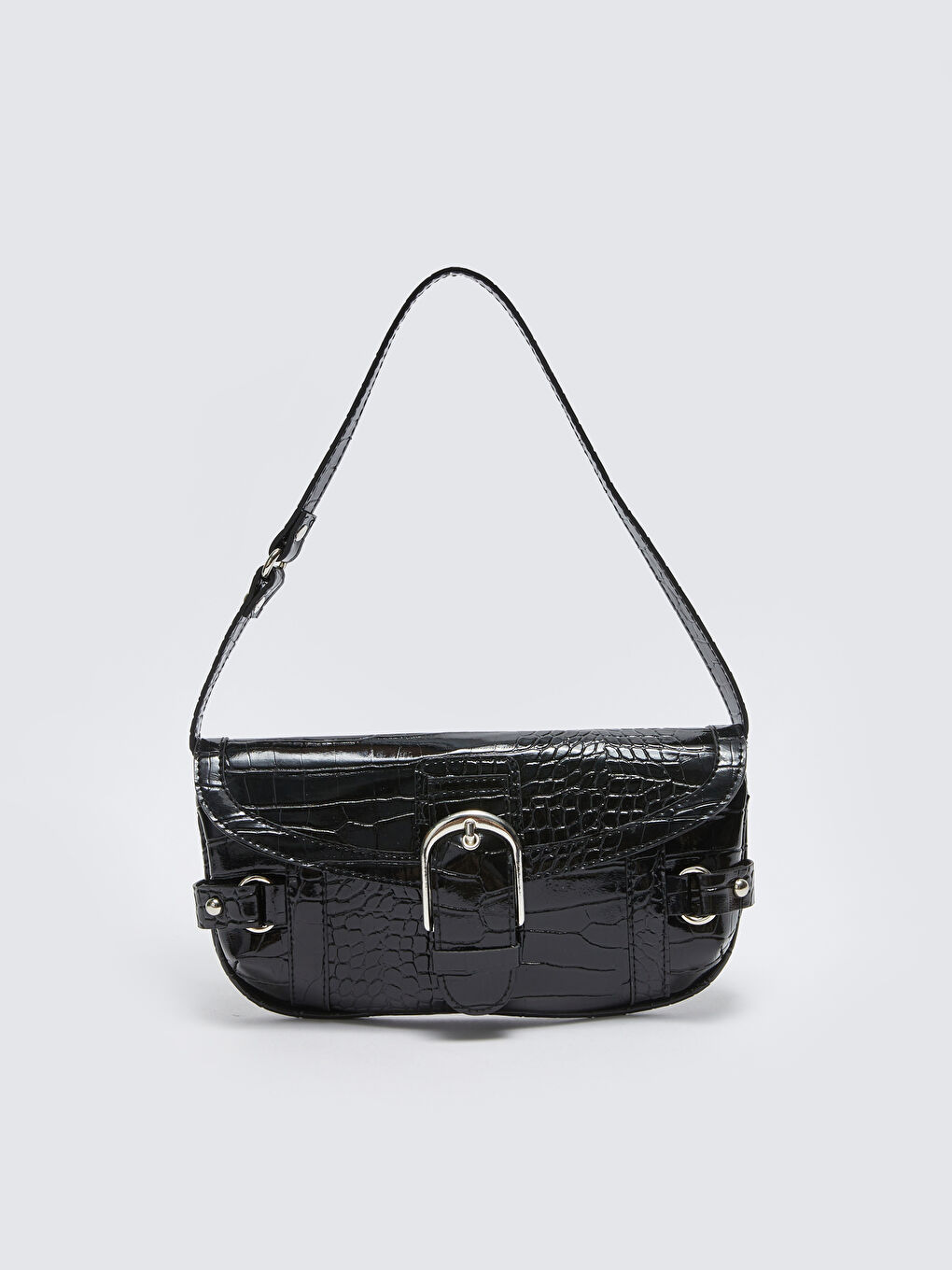 Siyah Deri Görünümlü Kroko Desenli Kadın Baget Çanta