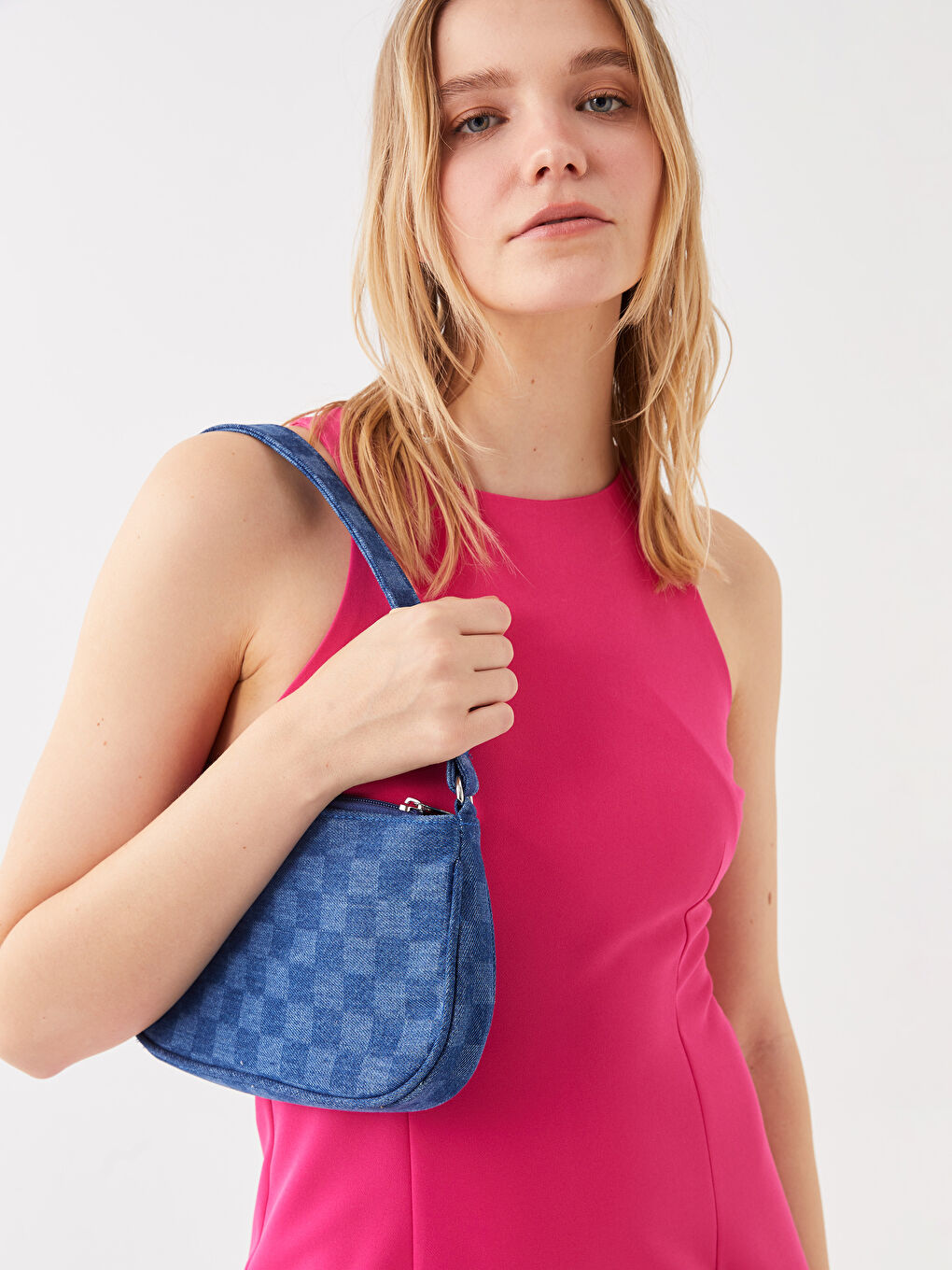 LCW ACCESSORIES Mavi Ekose Desenli Kadın Denim Baget Çanta