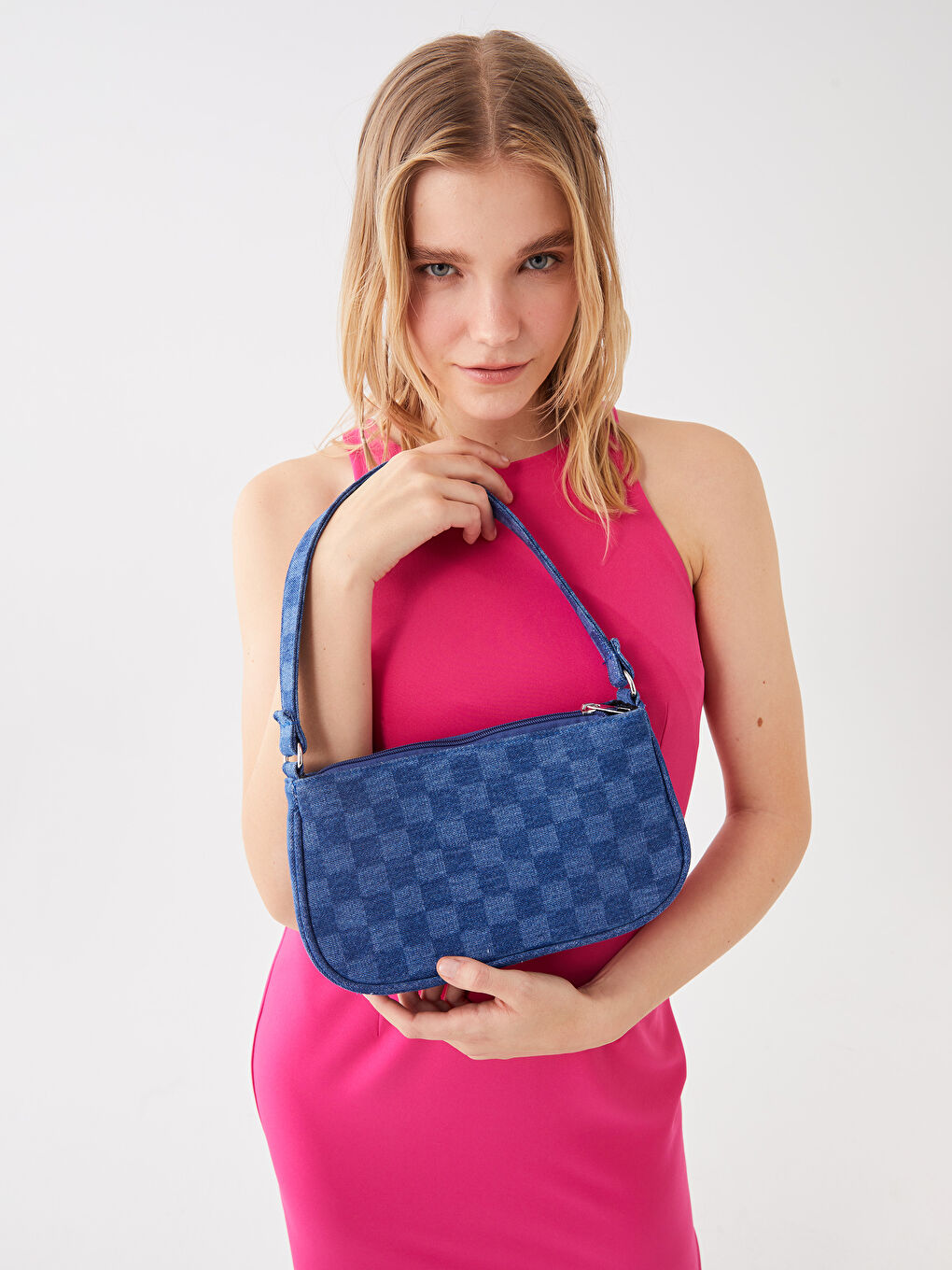 LCW ACCESSORIES Mavi Ekose Desenli Kadın Denim Baget Çanta - 1