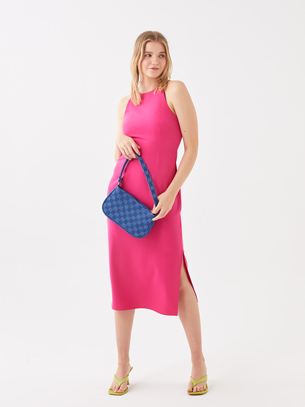 LCW ACCESSORIES Mavi Ekose Desenli Kadın Denim Baget Çanta - 2
