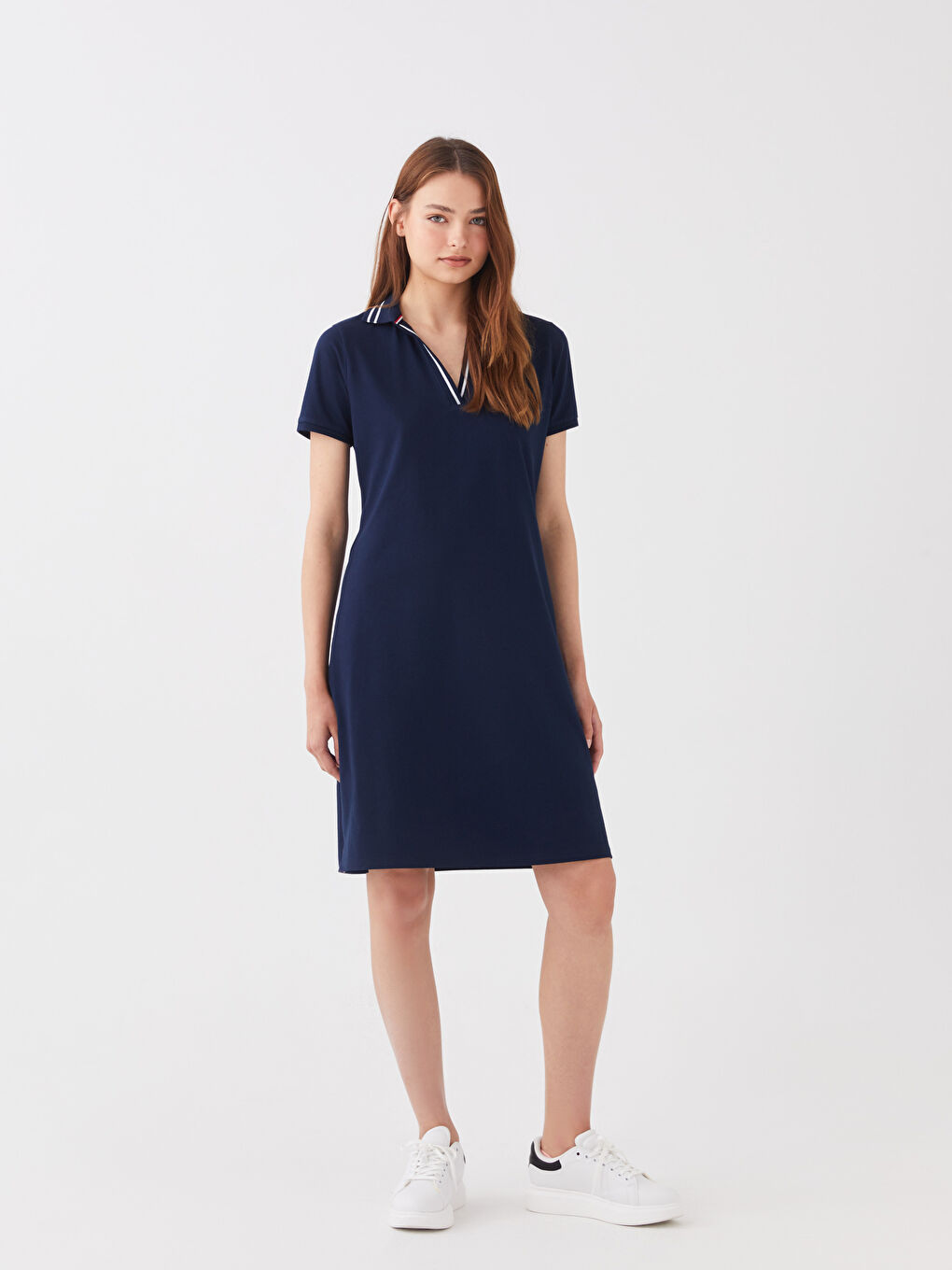 Polo Neck Straight Short Sleeve Pique Fabric Women Dress