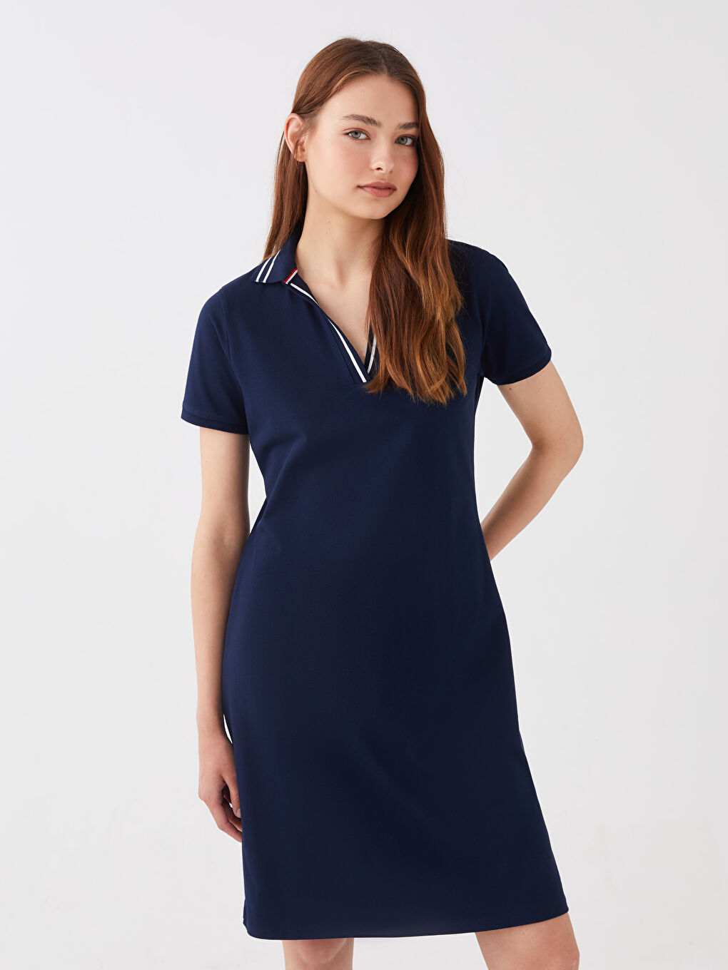 Polo Neck Straight Short Sleeve Pique Fabric Women Dress-1