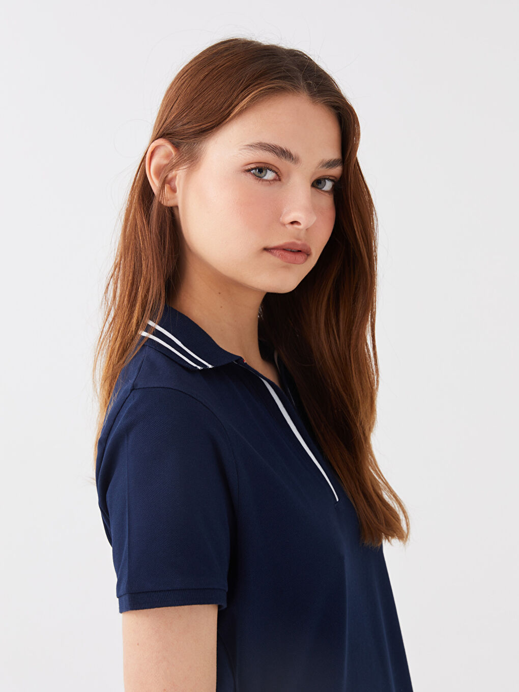 Polo Neck Straight Short Sleeve Pique Fabric Women Dress-2