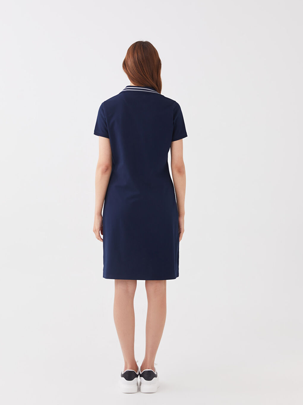 Polo Neck Straight Short Sleeve Pique Fabric Women Dress-4