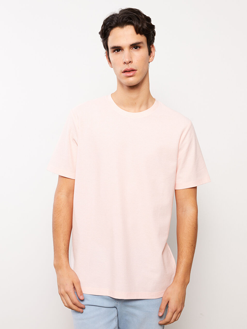 Pembe Bisiklet Yaka Kısa Kollu Erkek Tişört-1