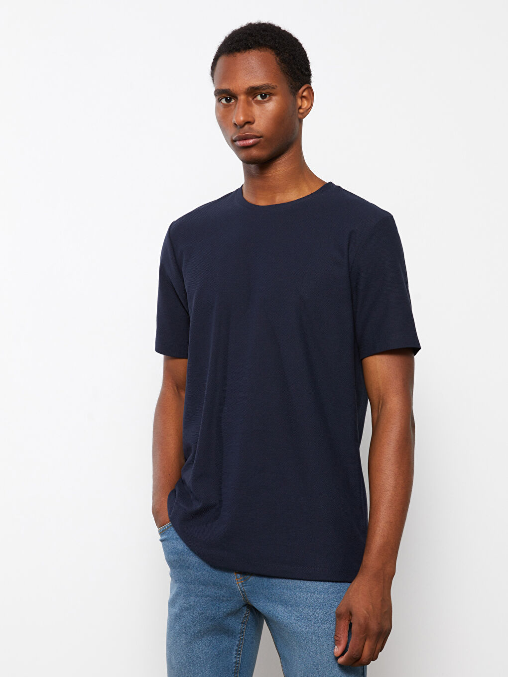 Lacivert Bisiklet Yaka Kısa Kollu Erkek Tişört-1